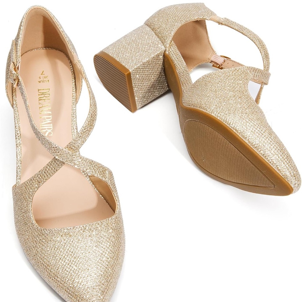 Dream Pairs Gold Glitter Block Heel Slingback Flats